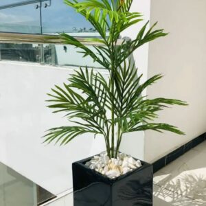 Artificial Palm Plant in Fiberglass Square Vase Decorated with White Stones | 115cm