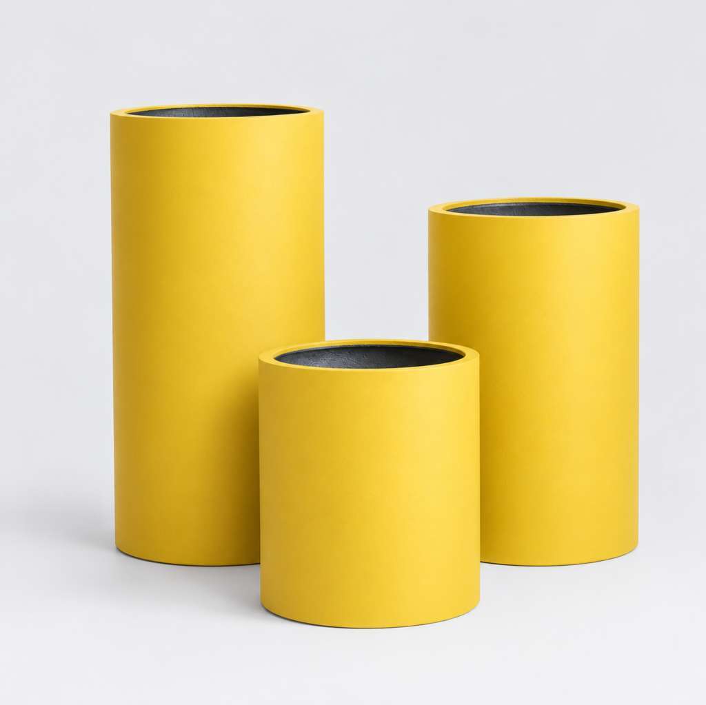 Three Yellow Matte Cylindrical Planters